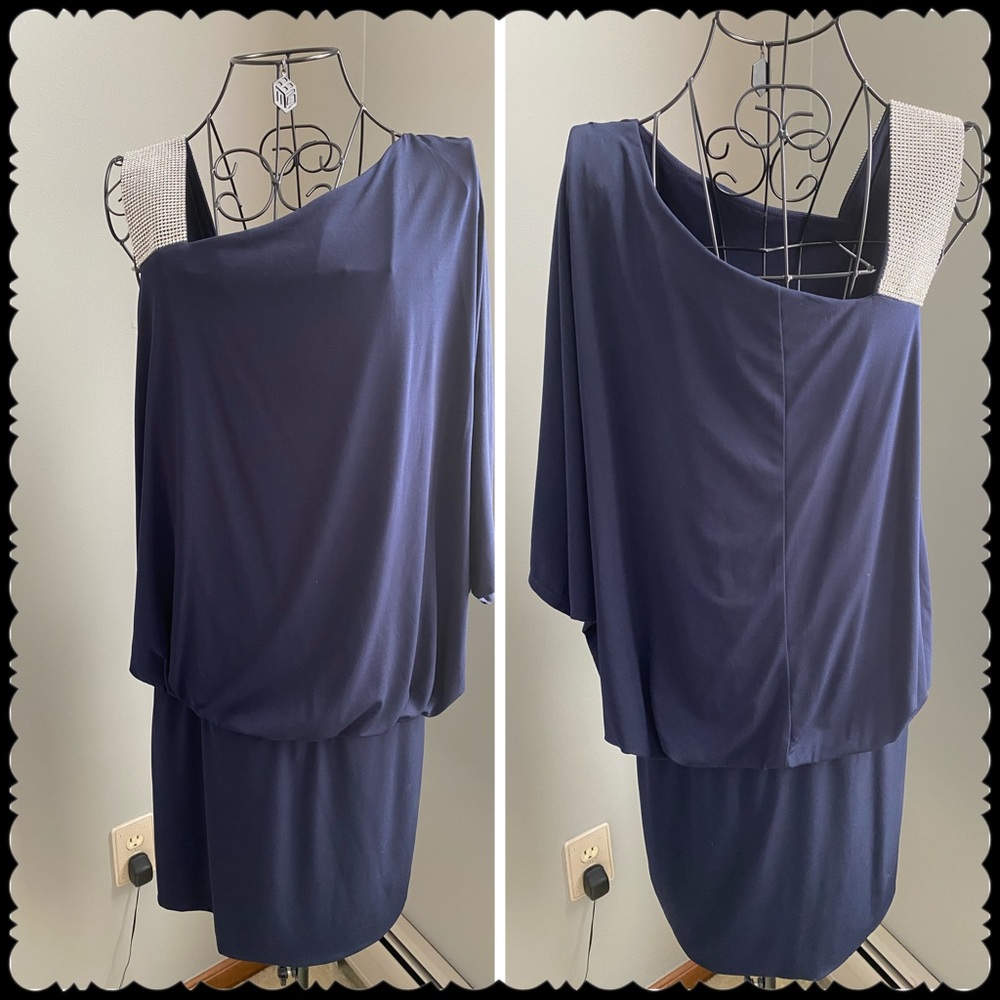 Navy dress with silver sequin strap
